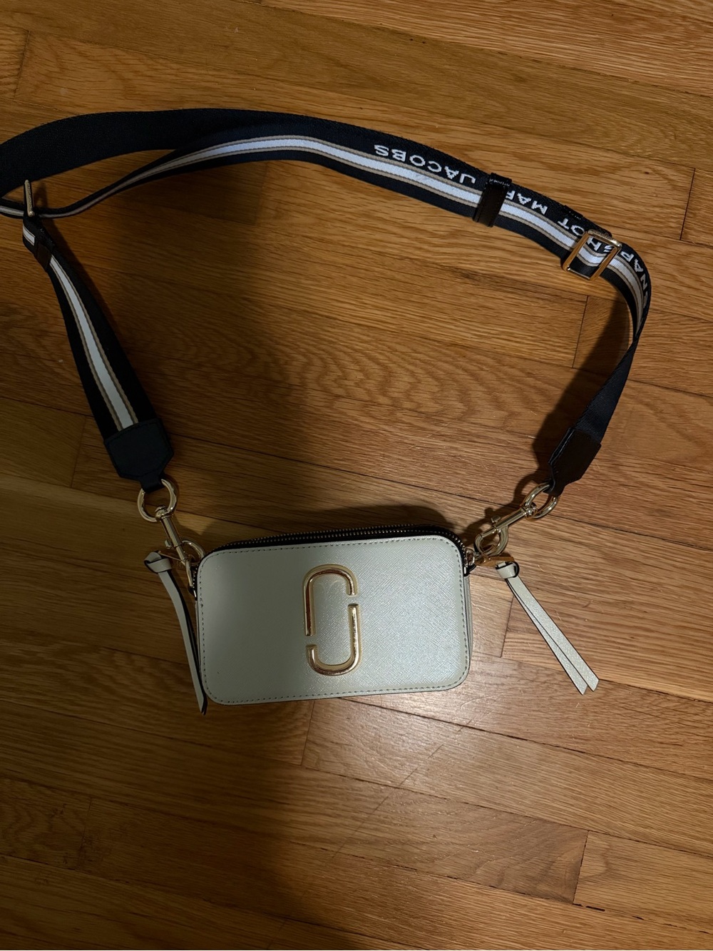 Marc Jacobs White Camera Crossbody with Black Branded Strap